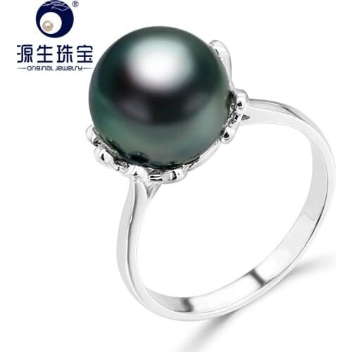 [YS] 10-11mm Natural Black Tahitian Cultured Pearl Ring 925 Sterlng Silver Pearl Ring