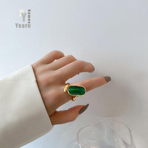 Classic Geometric Oval Green Imitation Gem Gold Opening Rings For Woman Korean Fashion Jewelry Party Girls Luxury Accessories