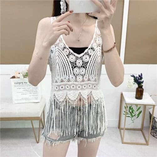 Lace Blouses Shirts Sexy Club Female Acrylic Shirts Deep V Summer Fashon Tops Lace Sexy V Neck Sleeveless Fashon Top Tassels