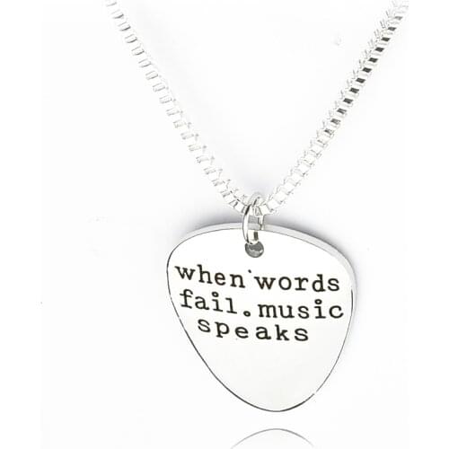Hot Sell Letter Necklace Music Speaks hand stampe Guitar Pick Pendant Necklace Gift For Him Rock & Roll Loved One Family
