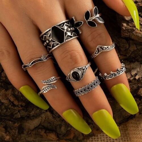 Docona 8pcs Vintage Opal Finger Rings Set for Women Geometric Silver Color Leaf Crown Midi Knuckle Ring Female Jewelry Anillos