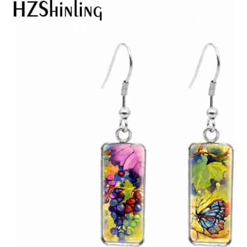2021 New Purple Grapes Rectangular Earring Summer Oil Painting Fish Hook Earrings Glass Cabochon Handmade Jewelry