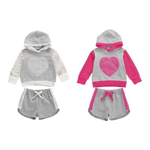 1-5T Toddler Kids Baby Girl Summer Clothes Sets Fishnet Mesh Long Sleeve Love Heart Pattern T-Shirt Tops Pants Girls Tracksuits