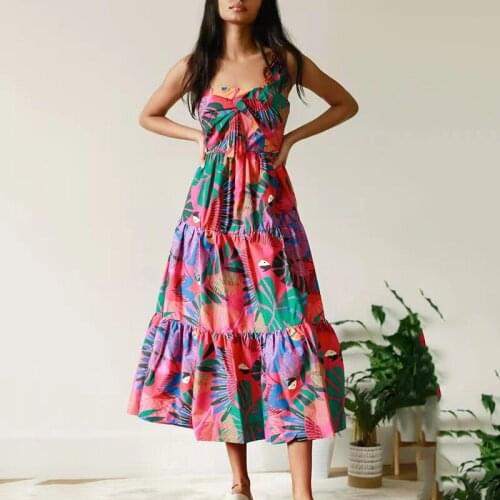 Summer New Sling Dress High-waisted Floral Print Slim Good Quality Long Casual Large Swing Dress Vestido Retro Clothes