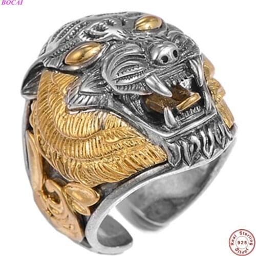 BOCAI Solide Sterling Silver S925 Adjustable Rings 2021 New Fashion Leopard Head Personality Ornaments Pure Argentum Jewelry