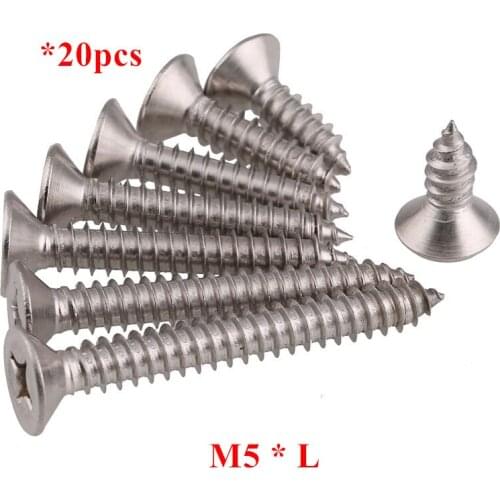 20pcs KA M5*10/12/16/20/25/30/35/40/45/50mm Flat Head Self Tapping Screws Cross Countersunk Phillips self-tapping screw SUS304