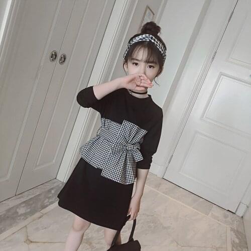 School Bow Autumn Toddler Dress Baby Girl Clothes Black Plaid Patchwork Long Sleeve Cotton Dresses For Girls Spring Clothes