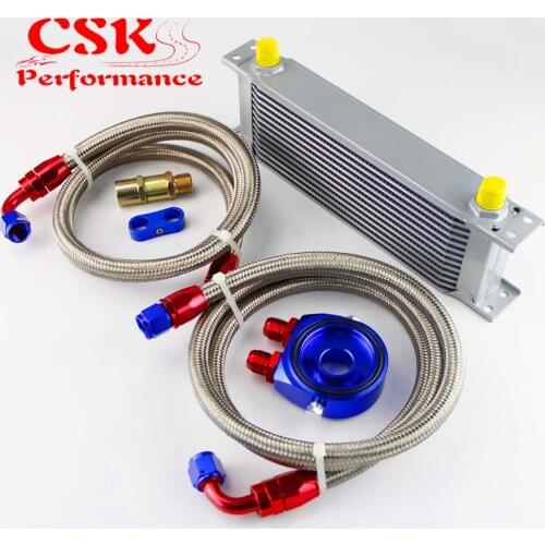 AN8 13 Row 248mm Universal Engine Transmission Oil Cooler British Type + Aluminum Filter Hose End Kit Black/Blue