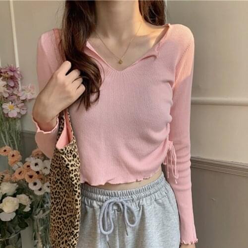 Spring Autumn Tee Shirt Femme Clothes Thin Pink Long Sleeve Korean Vogue Casual Style T-Shirt All Match Cotton Tshirts Women Top