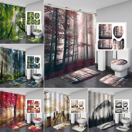 3D Forest Landscape Shower Curtain Set Bath Mats Rugs Plant Tree Pattern Bathroom Curtains Non-slip Rug Toilet Lid Cover Carpet