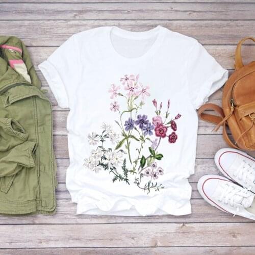 New Womens T-shirts 2020 Summer Flowers Print Top Female T-shirt Harajuku White Clothes O-neck Casual Ladies Tops Tees Shirts