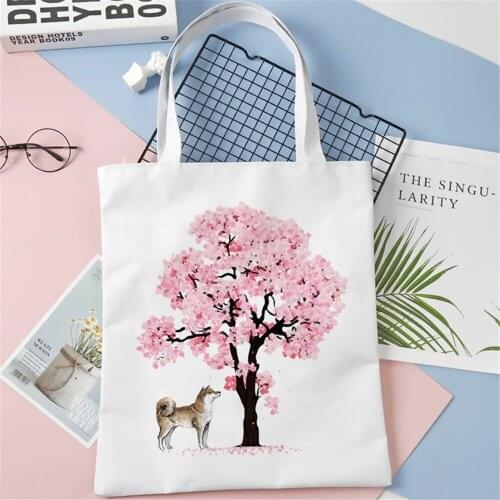 Dog Under cherry Blossom Shopping Bag Fashion Women Canvas Tote Bags Printing Bag Cartoon Bolsa De Compras Shopper Shoulder