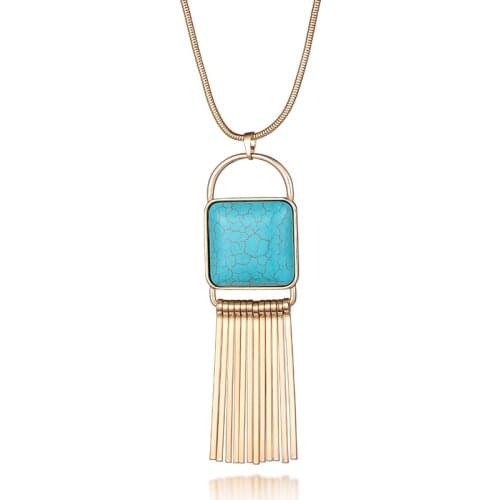 Bohemia Big Square Blue Black Brown Nature Stone Pendant Necklace Gold Long Metal Tassel Necklace For Women Fashion Jewelry New