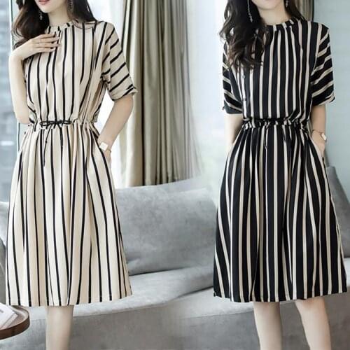New Women Dress Summer Round Neck Long Striped Fashion Casual Elegant Waist For Women Hot Sale 2019