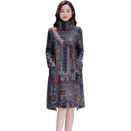 New fashion dress women Turtleneck Casual Loose Print dresses elegant temperament Flocking thicken Vestidos Mujer plus size 4XL
