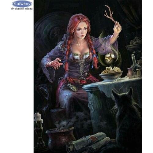 Diy square/round drill 5d diamond painting magic witch and cat embroidery with diamonds mazayka diamond mosaic gift needlework