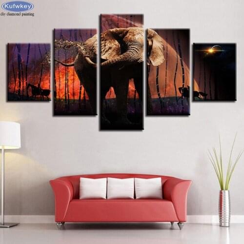 DIY Diamond mosaic full round diamond embroidery 5 Pieces Red Moon Animal Elephant diamond painting 5d square cross stitch kit