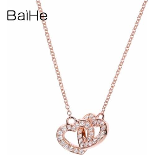 BAIHE Solid 18K Rose Gold 0.27ct H/SI Natural Diamonds Wedding Women Trendy Fine Jewelry Beautiful heart clasped heart Necklaces