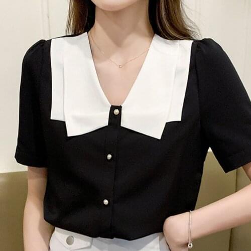 Summer Women Blouse Tops Short Sleeve V-Neck Black Chiffon Blouse Shirt Blouse Women Blusas Mujer De Moda 202 Blouses Shirts F59