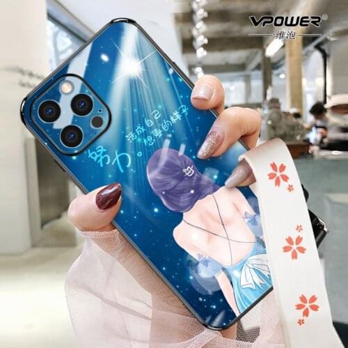 For iphone 12 pro max case Tempered glass blue light pattern girl cute phone cases for iphone 12 mini 12 pro glass shell cover