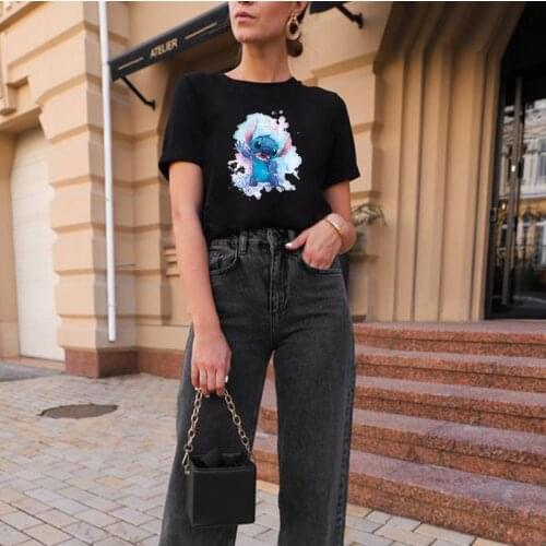Cartoon Womens T-shirts Summer Vogue Stitch Printed Short Sleeve Tops Hispter 90s Girls Holiday Round Neck Hip Hop Tee T Shirt