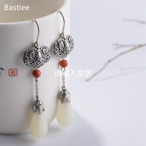 Bastiee Korean Earrings Earrings Silver 925 Jewelry For Women Jade Golden Plated Long Earrings Vintage Silver Earrings