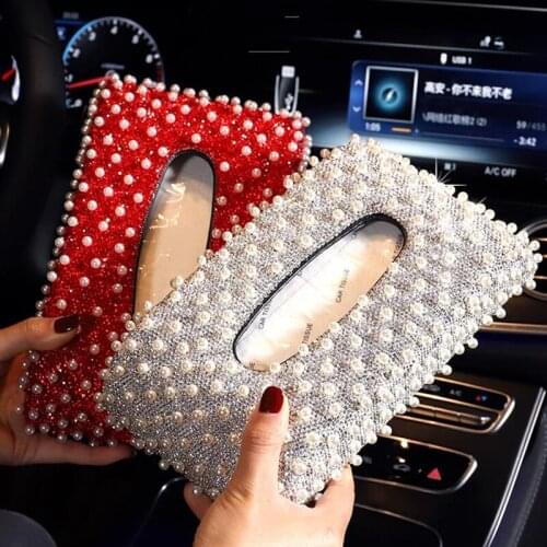Luxury Pearl Car Tissue Box Cover Crystal Rhinestone Covered Holder Block Paper Storage Car Interior Accessories For Women Girls