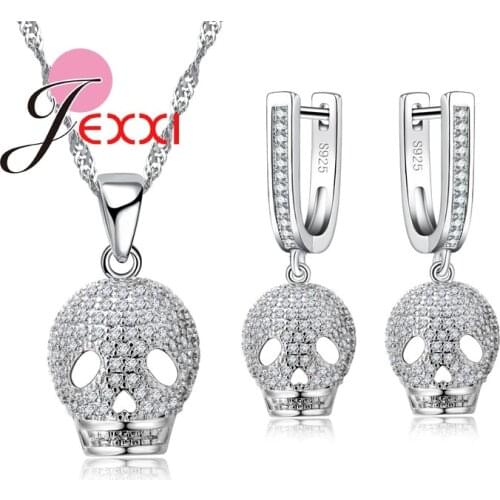 Cool Skull Pendant 925 Sterling Silver Women Jewelry Set With Full Clear White Cubic Zircon CZ Crystal Wholesale Price