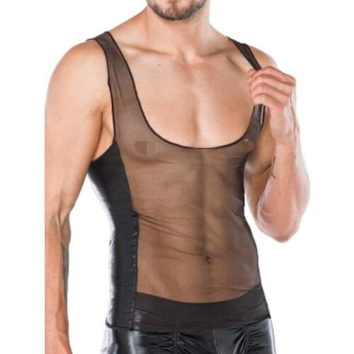 Sexy Gothic Men Tank Tops Shirt Mesh Faux Leather Gay Fetish Sleeveless Mens Funny Exotic Fitness Transparent Vest Clubwear XXL