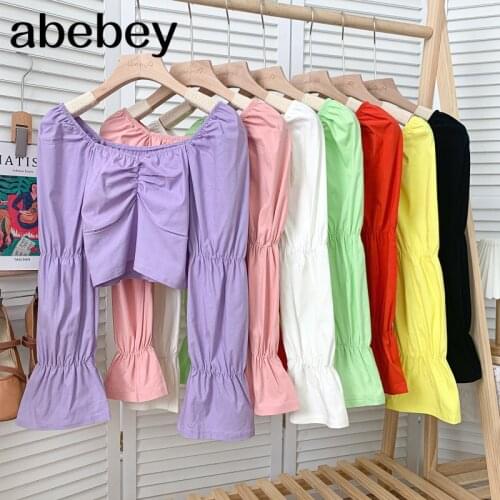 Fashion Square collar flare sleeve Shirt high waist pleated solid color multicolor short Shirt Top 2021 New Spring Autumn