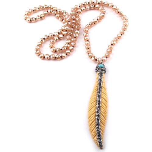 Fashion Bohemian Tribal Jewelry Beige Glass Crystal Handmake Paved Beige Leaves Necklace