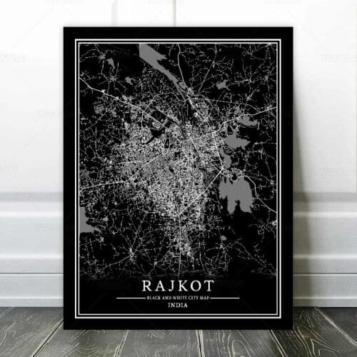 Black and White World City Map RAJKOT Wall Art Canvas Poster Prints Nordic Style Paintings Picture Living Room decoration