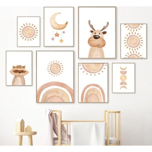 Boho Deer Raccoon Dinosaur Rainbow Sun Moon Baby Wall Art Canvas Painting Nordic Poster And Prints Wall Pictures Kids Room Decor