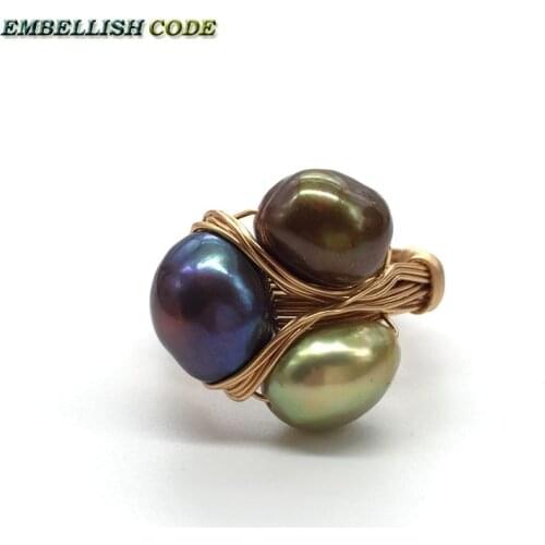 NEW Design Original Pieces Golden With Baroque Ring Pearls Hand Made Rings Peacock Brown Grey Mixed Color Three Pearl Together