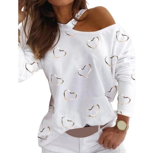 Sexy Women Tops Fashion Long Sleeve Hollow Out Love Heart Print One Shoulder Pullover Plus Size Top femme Streetwear Рубашки