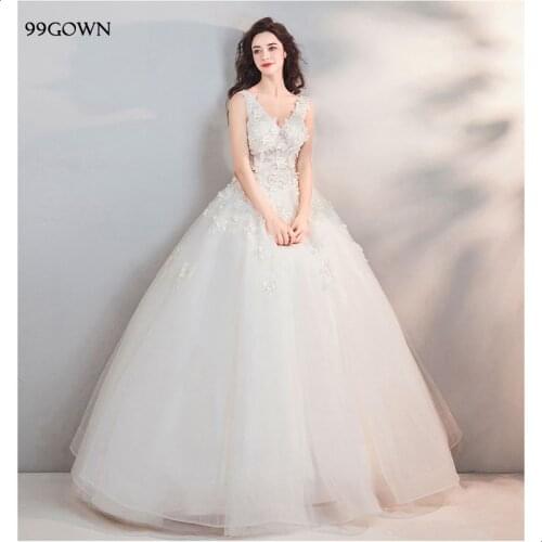 99GOWN Sexy V-Neck Women Sleeve Wedding Dresses Lace-Up Backless A-Line Ball Gown Handmade Flower Beading Bridal Dress