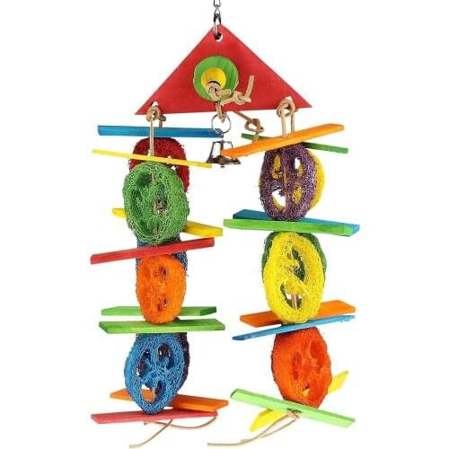 Bird Colorful Loofah Leather Wood and Hanging Bell Chewing Toys for Cockatoo African Grey Cockatiel Other Amazon Birds