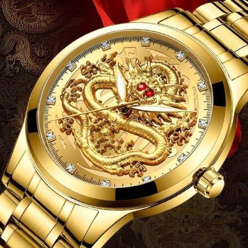 Top Brand Luxury Men Quartz Watch Classic Chinese Style Embossed Golden Dragon Watch Steel Band Business Men Watch Dropshipping