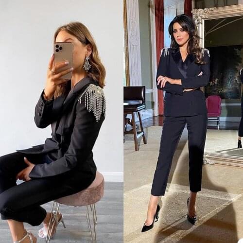 Luxury Beading 2 Piece Women Suits High Quality Custom Made Black Suit Double Breasted Fashion Formal Lady Office Suits