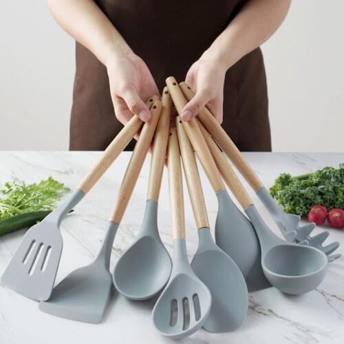 Silicone Cooking Utensils Set Baking Tools Beech Handle Kitchenware Slotted Turner Spoon Food Tongs Pasta Server Kitchen Kit