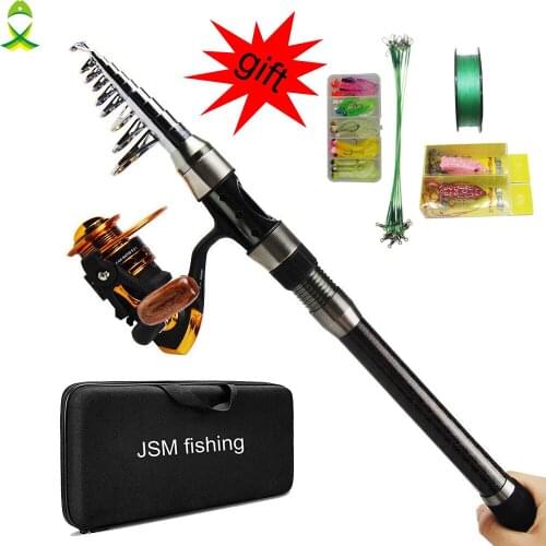 JSM 2.1m-3.6m carbon fiber Telescopic sea Fishing Rod Reel Full Kit Spinning Reel Pole Set with Fishing Lures Hooks rod combo