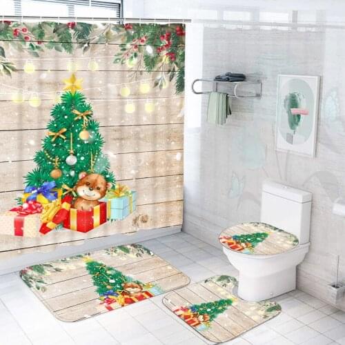 Merry Christmas Trees Waterproof Fabric Shower Curtains Set Children Bathroom Curtain with Hooks Bath Decor Hanging Curtain Gift