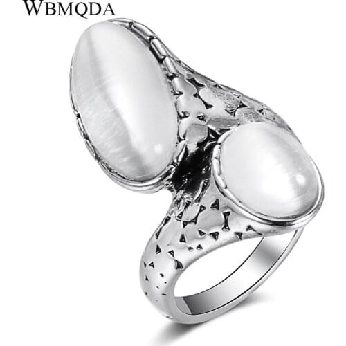 Wbmqda Top Quality Bohemian White Opal Ring Silver Color Big Oval Opal Cross Rings For Women Vintage Jewelry Drop Shipping