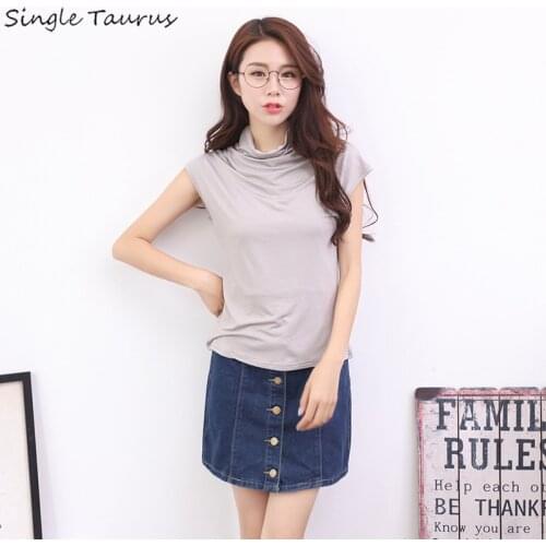 2020 Summer Women Casual Turtleneck Short Sleeve Cotton Soft Girl Solid Color Top Shirt Female Summer Womans Clothing