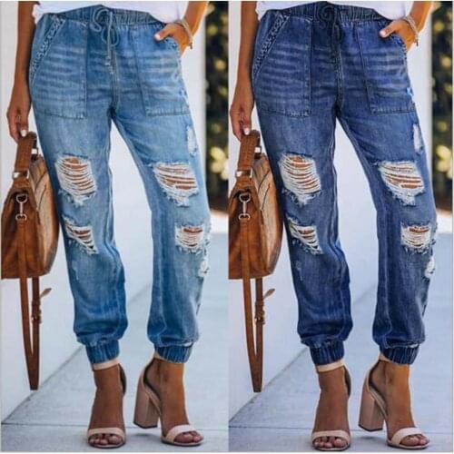 Free Shipping Womens Fashion Ripped Jeans Casual Cotton Denim Trousers Full Length Pants Streetwear Trousers Slim Harem Pants