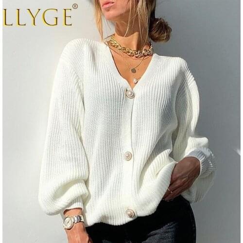 Loose Solid Womens Knitting Cardigan Sweaters Spring Female Cardigans Lantern Sleeve Pearl Button Fashion 2021 Autumn Outwear
