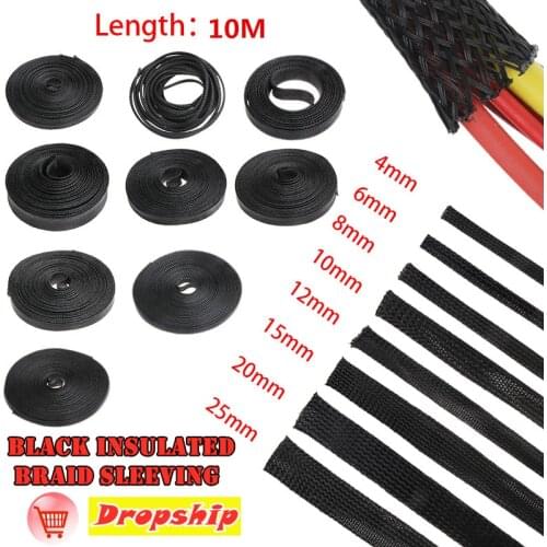 10M Black Insulated Braid Sleeving 2/4/6/8/10/12/15/20/25mm Tight PET Wire Cable Expandable Protection Cable Sleeve Wire Gland