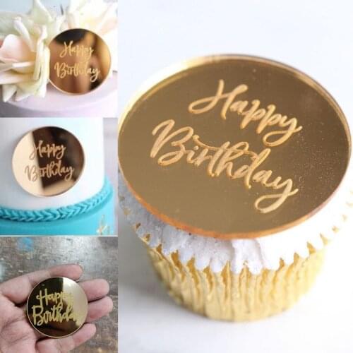 10pcs Gold Happy Birthday Cupcake Topper Rose Gold Silver Acrylic 3D Circle Cake Topper for Birthday Party Cake Decorations 5cm