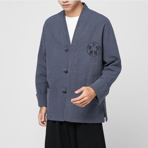 2020 Autumn Mens Chinese Style Cotton Linen Coat Men Loose Kimono Cardigan Men Embroidery Hanfu Linen Outerwear Jacket M-5XL