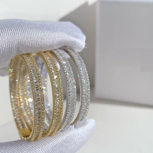 Iced Out Bling Baguette Princess Cut Square Shaped Cubic Zirconia CZ Gold Color Plated Classic 45mm Big Circle Hoop Earring